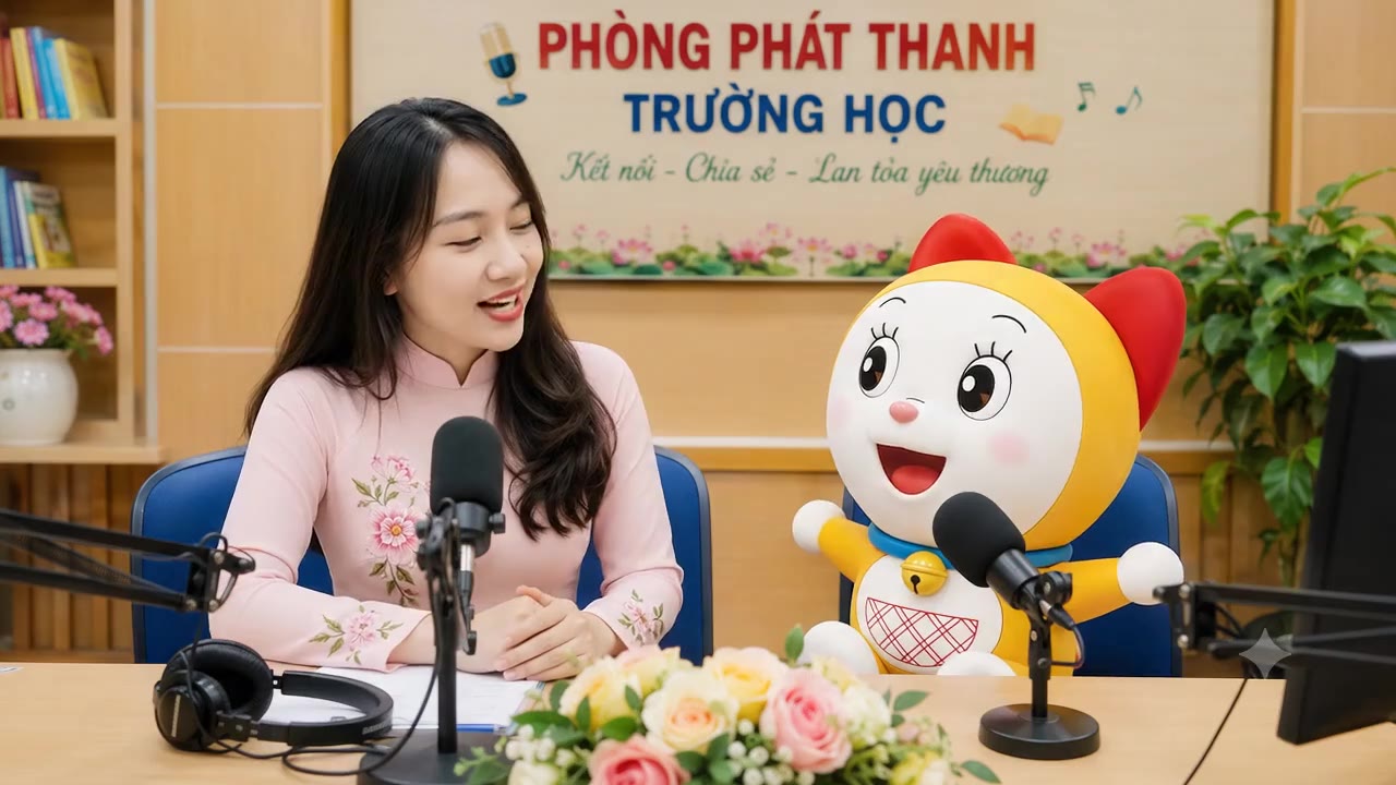 Cô giáo trò chuyện với nhân vật hoạt hình